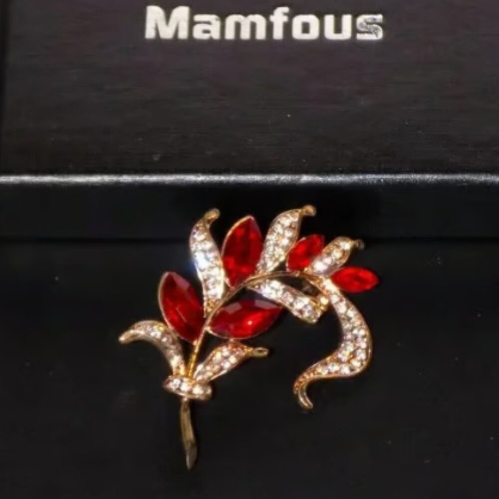 New Mamfous Crystal Glass Rose Gold Stylized Feather Floral Vine Brooch